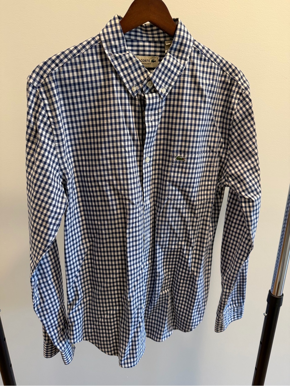 Lacoste Men's Navy and White Gingham Button-Down Shirt